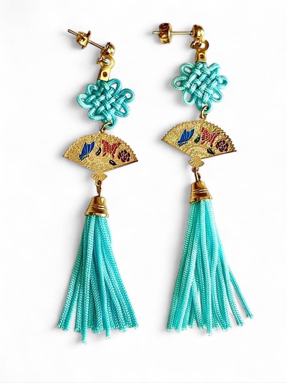 Vintage Chinese Knot Aqua Blue Tassel Fan Earrings Gold Enamel Butterfly Floral
